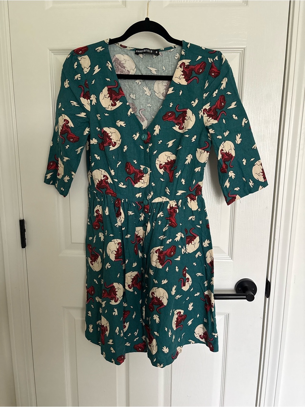 Dangerfield Teal Floral-Print V-Neck dinosaur egg raptor Jurassic park Dress